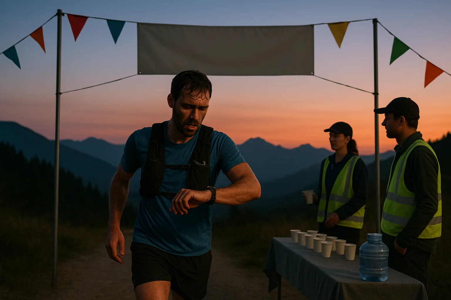 corredor de trail agotado consultando su reloj al pasar bajo un arco de control en un avituallamiento al anochecer, banderines de colores y organizadores con chaleco reflectante