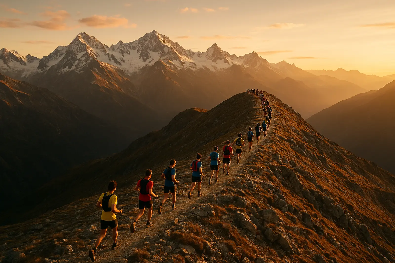 fila de corredores de trail avanzando por una cresta de montaña al amanecer, picos nevados al fondo