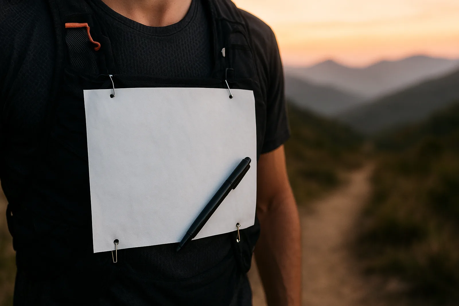 dorsal en blanco sujeto al pecho de un chaleco de trail running con un rotulador, sendero de montaña desenfocado al fondo al amanecer