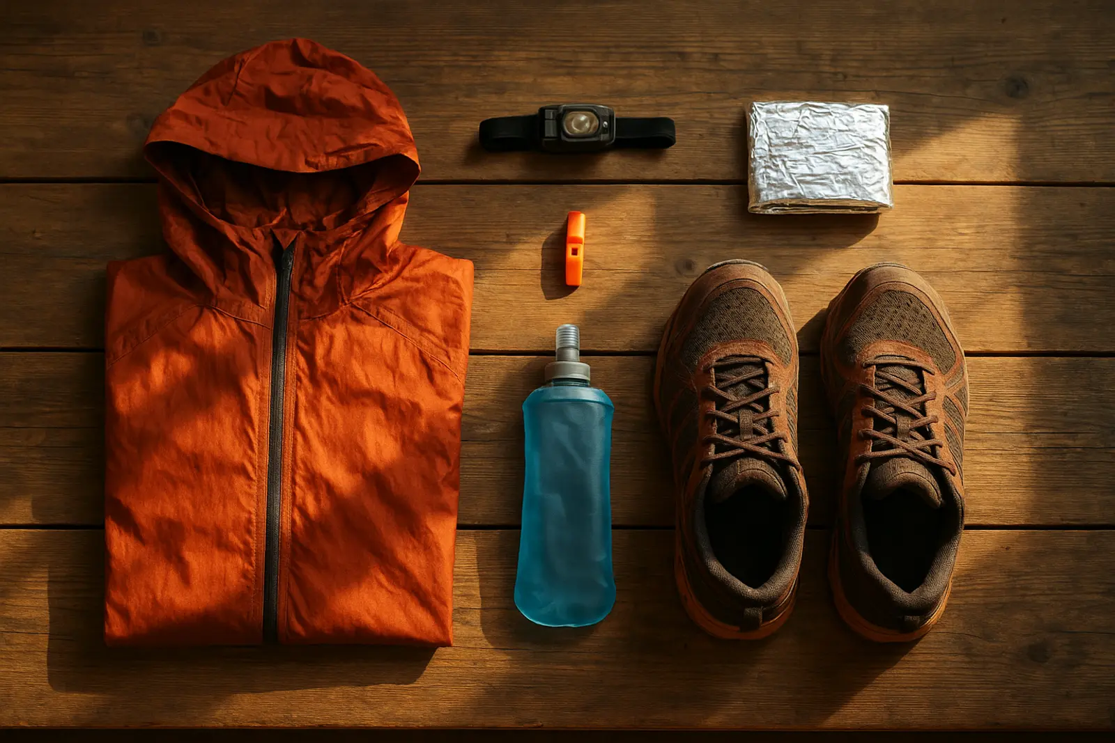 material obligatorio de trail running ordenado sobre una mesa de madera: chaqueta impermeable, frontal, manta de supervivencia, silbato, flask y zapatillas