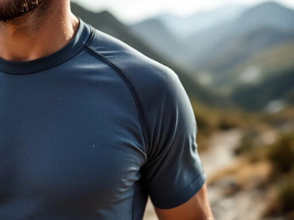 primer plano del hombro de un corredor de trail con una camiseta técnica ligera, montaña desenfocada al fondo