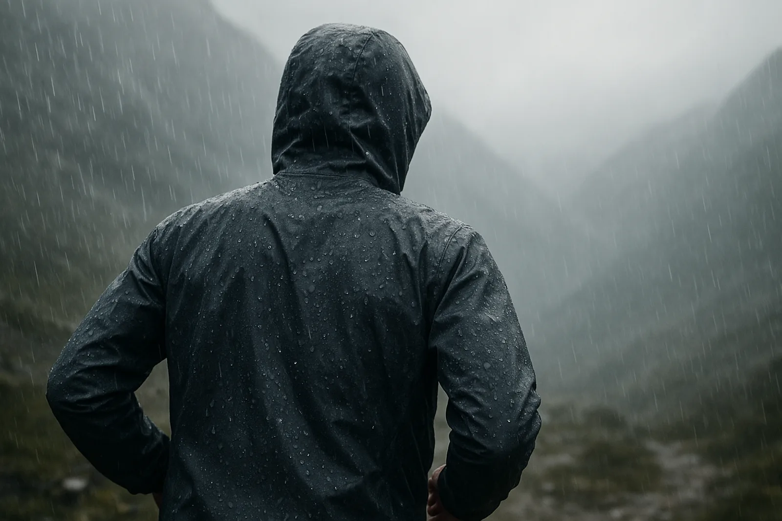 corredor de trail visto de espaldas con una chaqueta impermeable con capucha, gotas de lluvia sobre el tejido, puerto de montaña brumoso al fondo