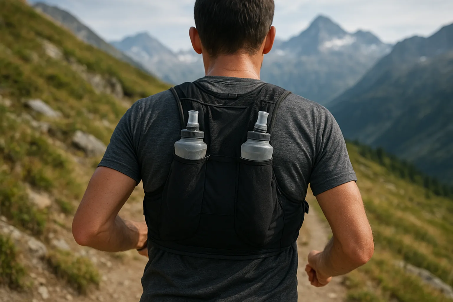 vista trasera de un corredor con un chaleco de hidratación de trail running con dos flasks, sendero de montaña desenfocado al fondo
