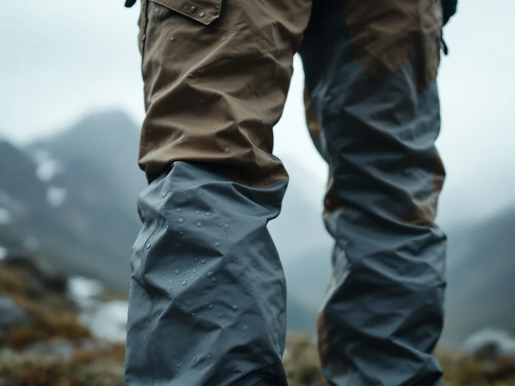 primer plano de un pantalón impermeable de trail con gotas de agua sobre el tejido técnico, puerto de montaña brumoso al fondo