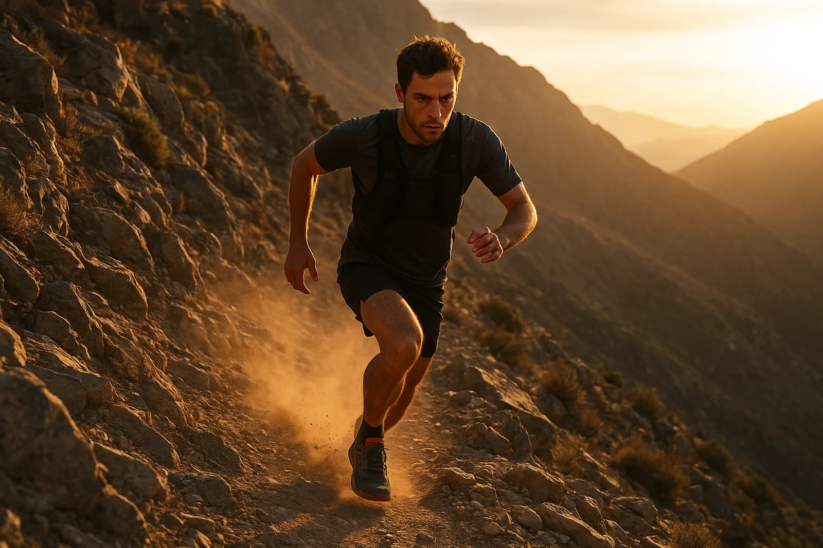 corredor de trail entrenando en una bajada rocosa de montaña a contraluz, con polvo levantado por el esfuerzo