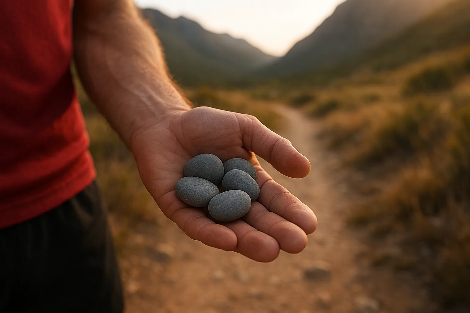 mano de corredor sosteniendo un puñado de piedras de río lisas, sendero de montaña desenfocado al fondo
